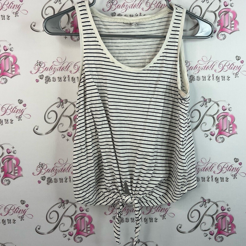 Only tank top stripes black white cream Striped Sleeveless Top with Tie Front